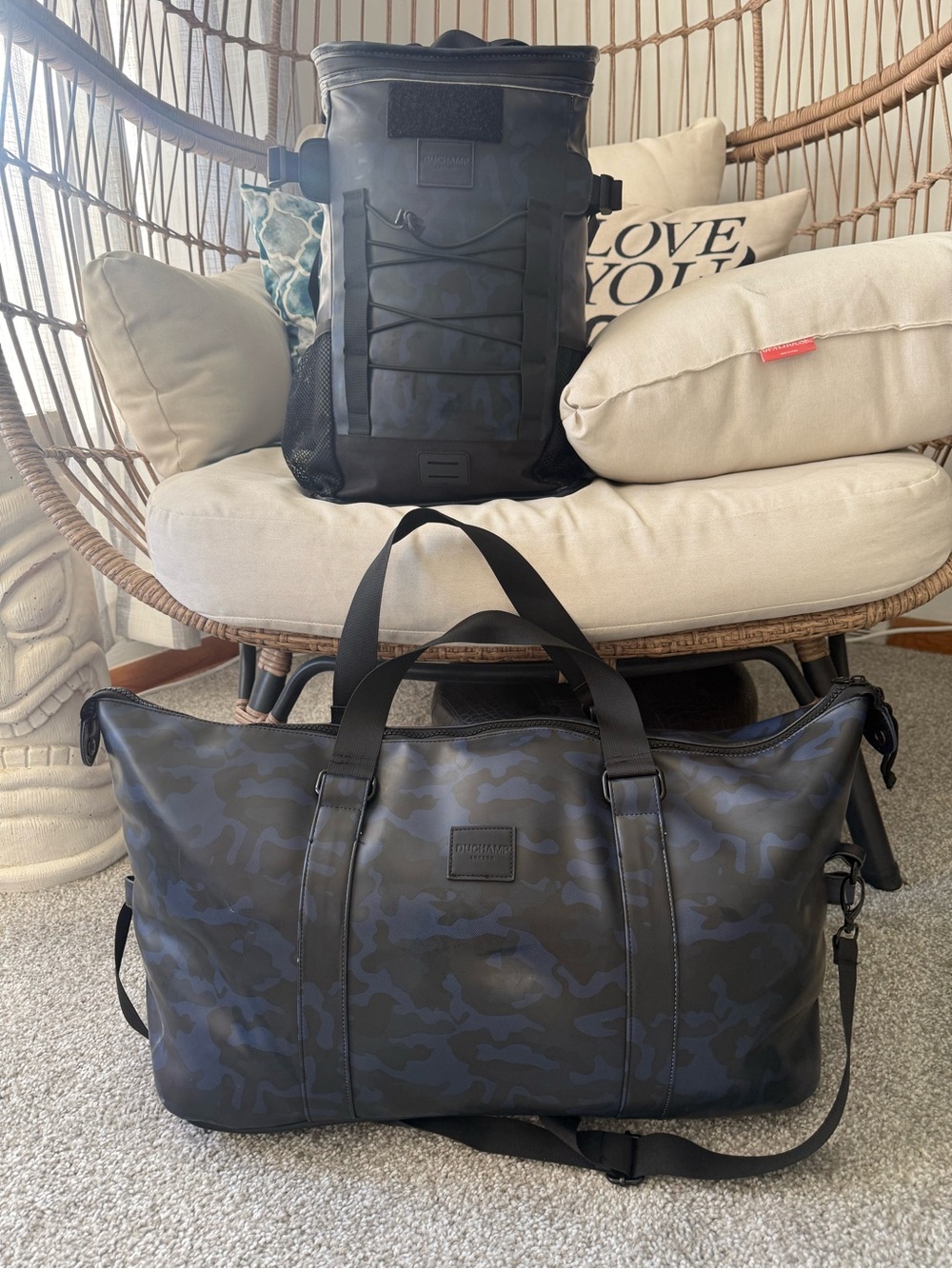 Duchamp Black & Slate Blue Camo matching Duffel and Backpack